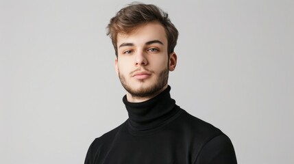 Obraz premium A young Eastern European engineer with light stubble, wearing a turtleneck, looking contemplative and introspective, against a seamless white background, styled as a modern, minimalist ID.