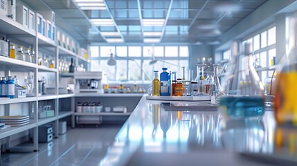 Obraz premium Modern Laboratory Interior with Blurred Background - 3D Illustration of Workspace