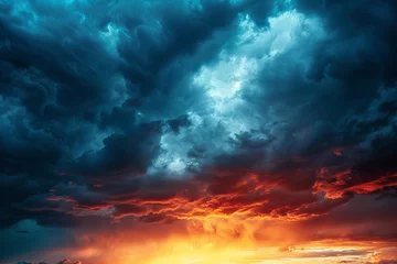 Fotobehang Dramatic sunset sky with dark storm clouds on a soft transparent white surface, ideal for intense and moody compositions © Cloudyew