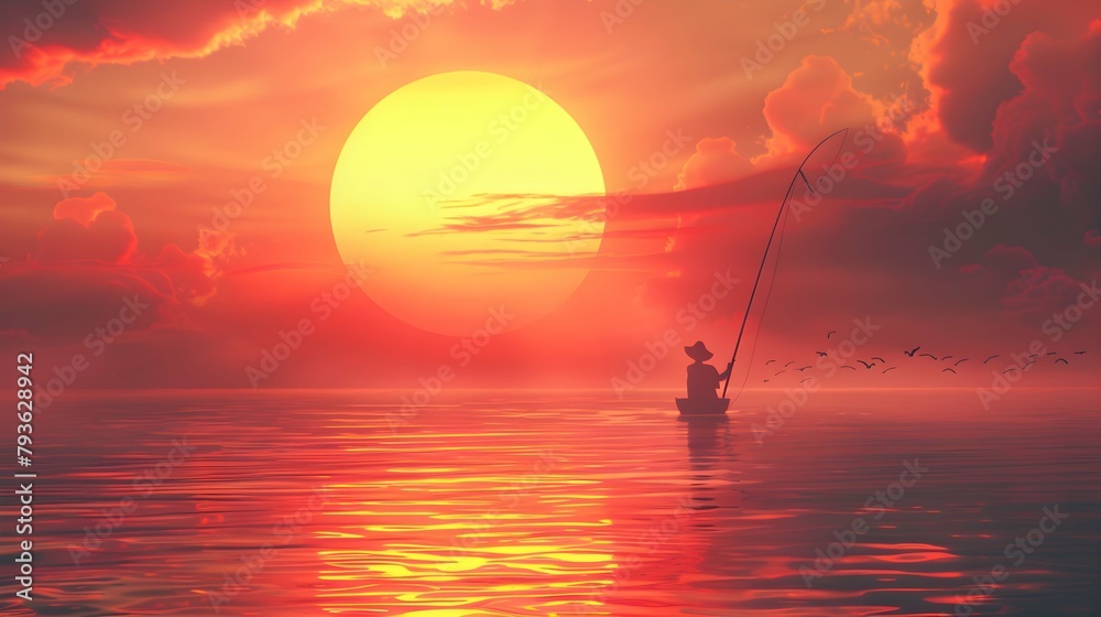 Canvas Prints fisherman in small boat against orange sunset.