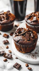 Chocolate muffins and iced coffee on a white background