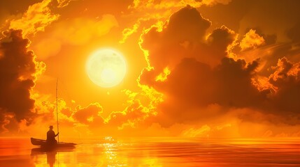 Fisherman in small boat against orange sunset. - obrazy, fototapety, plakaty