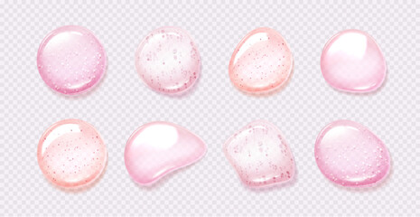 Fototapeta premium Pink gel drops set isolated on transparent background. Vector realistic illustration of abstract serum bubbles, collagen essence droplets, face skin care cosmetics swatches, moisture lotion smears