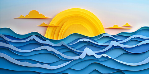 Paper cut art of  blue ocean wave and sun in sunset, Abstract background