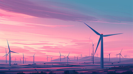 A wind farm with multiple turbines generating clean energy against a sunset backdrop. Ecology, alternative energy, environment, green energy concept.