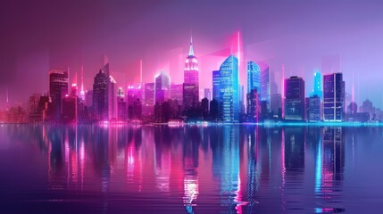 Fototapeta premium A city skyline is reflected in the water, with neon lights illuminating the buildings. Scene is vibrant and energetic