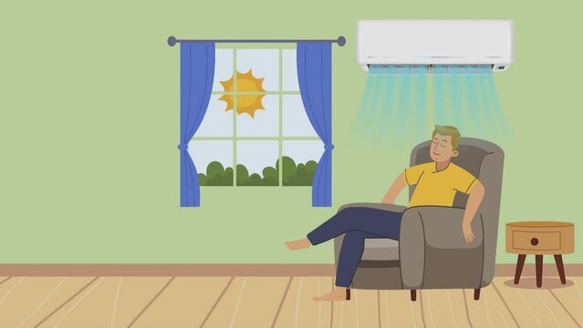 2d animated cartoon a man resting on the sofa in his room under the pleasant air and the cool temperature of the wall air conditioner and the view behind the window. 4K resolution.