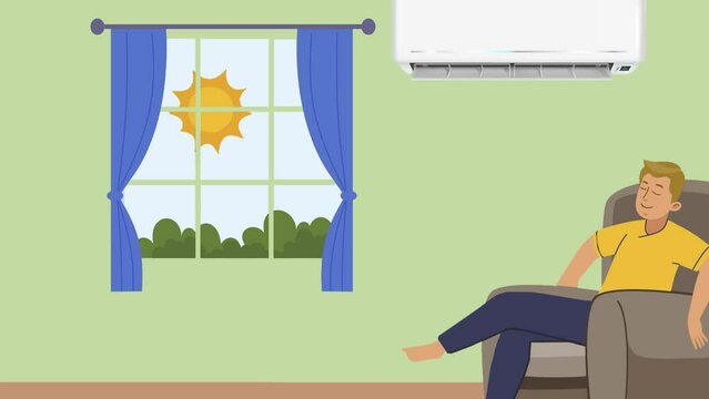 2d animated cartoon man under the pleasant air and cool temperature of the air conditioner in the room relaxing and watching the view outside the window. 4K resolution.