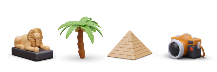 Set of tourist icons for Egypt travel concepts. 3D Great Sphinx, pyramid, palm tree, camera