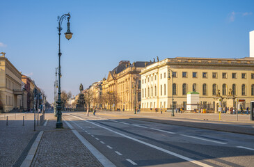 A view of the iconic Unter den Linden Street in Berlin, showcasing the equestrian statue of...