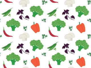 Seamless pattern with different vegetables, spices and herbs on a transparent background. Vector illustration of chilly pepper, basil, for print, textile, wrapping paper, background