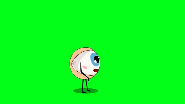 2d animated cartoon eye character Walking and watching and looking around and the environment in green screen chroma key. 4K resolution.