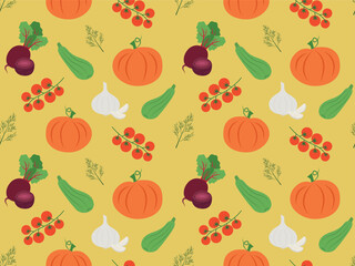 Основные RGBSeamless pattern with vegetable harvest on a yellow background. Vector illustration of pumpkin, beetroot, dill for print, textile, wrapping paper, t-shirts, tablecloths, potholders.