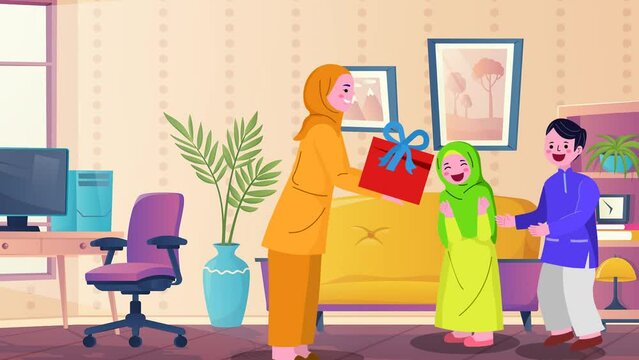 2d animated cartoon A happy baby girl & boy child teenagers waiting for their mothers gift at the birthday party in room of house home. 4K resolution.