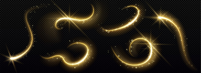 Gold magic star trail with glitter and light dust. Golden particle glow effect on black background. Abstract swirl line with shimmer and sparkle motion element. Festive Christmas confetti and stardust © klyaksun