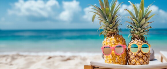 Banner with copy space concept of Sun-Kissed resting. Two Pineapples Basking in Sunglasses Enjoy a Leisurely Day Sunbathing by the Ocean on sunbeds