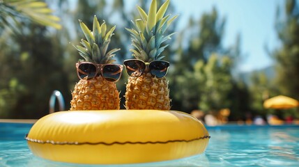 Summertime Splash. Two happy Pineapples Kick Back in Sunglasses, Floating on an Inflatable ring...