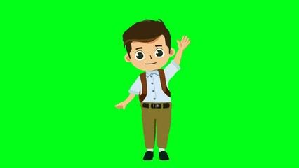 2d animated cartoon Boy school student character waving hand in green screen chroma key. 4K resolution.