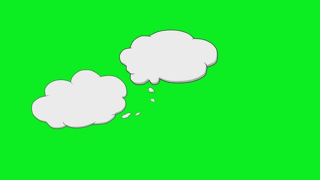 2d animated cartoon 3 hyperactive cloud pieces that arise and unfold to describe thinking, teaching, explaining, guiding, teaching. in green screen chroma key. 4K resolution.