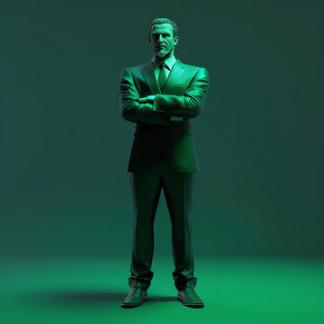 A lawyer of green light, standing confident on a dark green gradient background, rendered in high definition