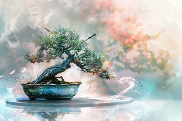 Exquisite bonsai art on a soft transparent white surface, ideal for art prints and posters - obrazy, fototapety, plakaty