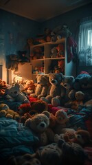Fototapeta na wymiar Cozy, dark room filled with soft toys, each hosting a unique pathogen, cinematic