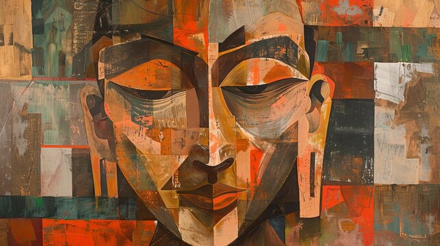 Cubist interpretation of a Buddhist monks face, fragmented and reassembled in abstract forms