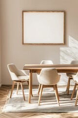 Mockup Blank horizontal poster frame above a wooden dining table with modern chairs and rug in a sunny room.