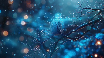 Vibrant Blue Neuron Illuminated: Stunning Medical Imaging Aesthetics - obrazy, fototapety, plakaty