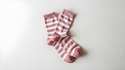 Pink and White Striped Socks on White Background.