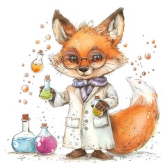 Fox cub scientist with lab coat and beakers, bubbly potions, quirky and curious, on white