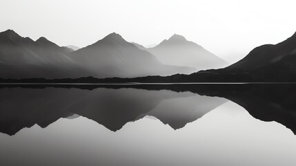 Haunting silhouette of a mountain range reflected in a lake, the contours wavering and merging into the dark water in black and white - obrazy, fototapety, plakaty