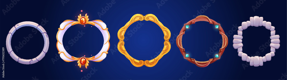 Wall mural game avatar frame. fantasy ui rank border badge icon. gold round level achievement ring set. stone a - Wall murals