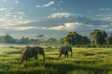 Two elephants walk through the savannah with Mount Kilimanjaro in the background, creating an...