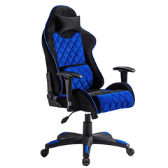 Gaming chair with black and blue velvet fabric on transparent background, png	