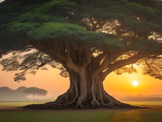 Big size natural banyan tree with the sunrise background. Image is generated with the use of an Artificial intelligence