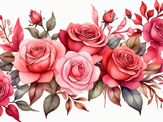 Watercolor pink and red roses flowers and leaves seamless border illustration