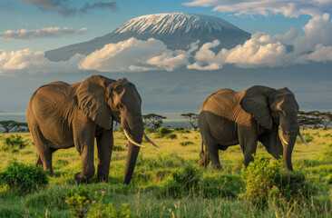 Two elephants walk through the savannah with Mount Kilimanjaro in the background, creating an amazing view of these majestic animals against the backdrop of the iconic mountain