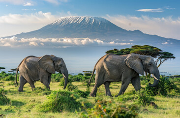 Two elephants walk through the savannah with Mount Kilimanjaro in the background, creating an amazing view of these majestic animals against the backdrop of the iconic mountain - obrazy, fototapety, plakaty