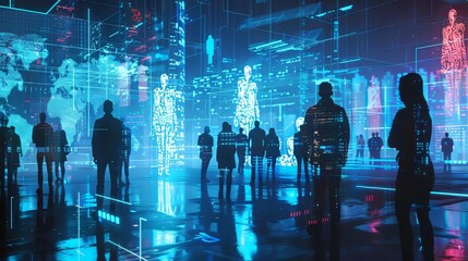 Futuristic scene showcasing AI algorithms predicting and preventing crime - obrazy, fototapety, plakaty