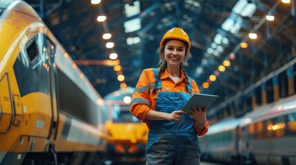 Happy young female engineer in overalls with digital tablet standing next to train in train depot and smiling at camera