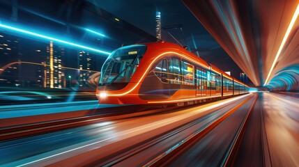 Fototapeta premium orange futuristic train running high