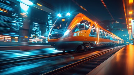 Fototapeta na wymiar orange futuristic train running high