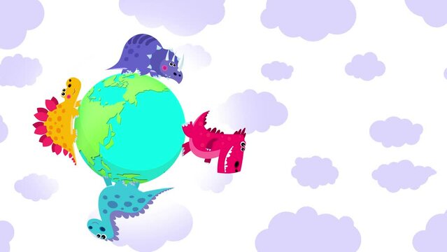 Dinosaurs walking around a big earth globe. International local or national dinosaur day. Four different colour cartoon cats characters. Cute children animation intro, opener, titles.