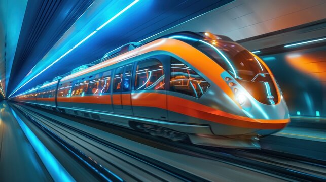 orange futuristic train running high