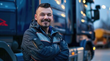 professional truck driver standing smiling