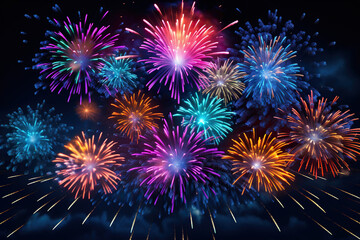 Generative ai on theme festive brightly fireworks on twilight background high in dark sky