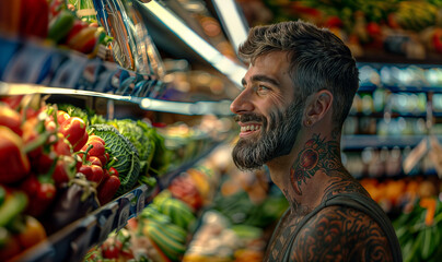 man with beard, muscles and tattoos shopping in the supermarket on vegetable aisle, healthy lifestyle, fresh food 