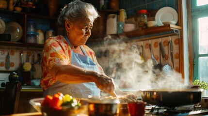 senior latino woman cooks home