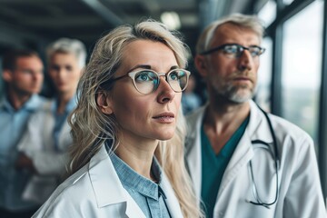 Portrait of confident female doctor in eyeglasses looking at camera while colleagues standing in background - Powered by Adobe